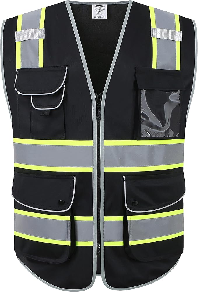 JKSafety 9 Pockets Hi-Vis Black Color Zipper Front Safety Vest Fluorescent Yellow Strips outlining the Reflective Tapes ANSI/ISEA Class 1 (901-Black, 5X-Large)