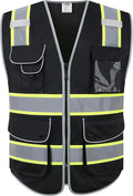 JKSafety 9 Pockets Hi-Vis Black Color Zipper Front Safety Vest Fluorescent Yellow Strips outlining the Reflective Tapes ANSI/ISEA Class 1 (901-Black, 3X-Large)