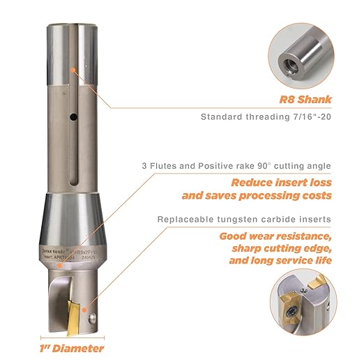 R8 Shank Indexable 1" End Mill, 1" Diameter 90 Degree High Speed Milling Cutter with Replaceable Carbide Insert