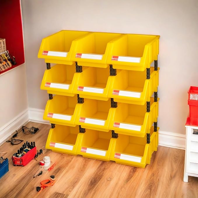Small Parts Organizer Stacking Heavy Duty Storage Bins(Yellow,Pack of 12)