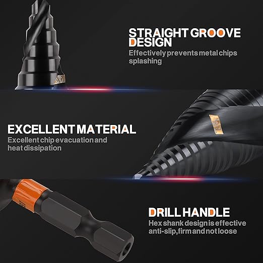 KSEIBI 12 Steps 3/16-7/8 inch SAE Standard Industrial Grade Step Drill Bit Ready Impact 1/4 inch Shank, 575078 High-Speed Steel Metal Drill Bits Black Oxide M2 Material