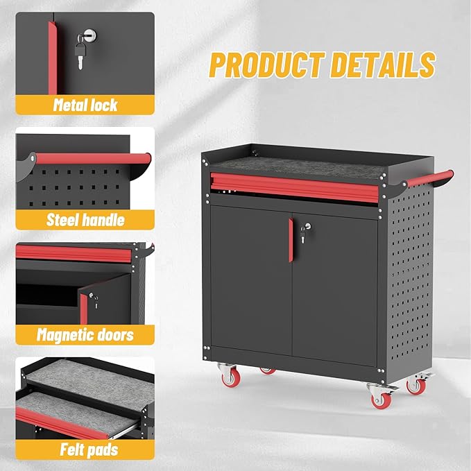 Rolling Garage Cabinets, Garage Storage Cabinet with Wheels and Workbench, Metal Cabinet with Doors and Shelf, Lockable Metal Storage Cabinets, for Home,Garages, Repair Stores, Warehouses