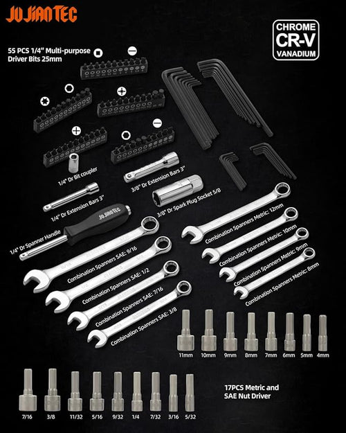 201-Piece Mechanics Tools Set, SAE & Metric Impact Socket Set, 1/2'', 1/4'', 3/8'' Drive, with Ratchet Wrench & Extension, Premium CRV Alloy Steel, with Molded Case