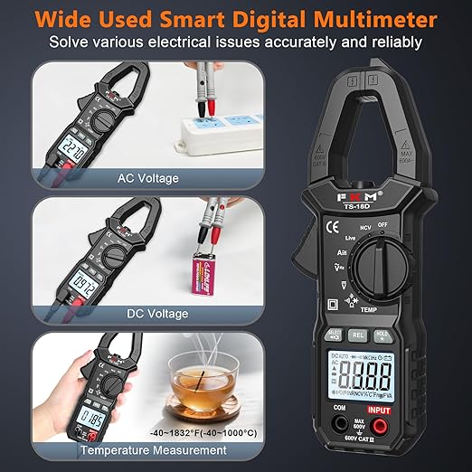 FKM Digital Clamp Meter Multimeter Tester TRMS 6000 Counts Auto-ranging Amp Smart Voltage Tester,for AC/DC Current,AC/DC Voltage,NCV Detection,Resistance,Capacitance,Continuity,Diode,Hz,Temp Test