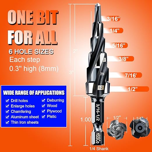 Four Spiral Flute Step Drill Bit for Metal,M35 Cobalt Unibit Step Drill Bit Set 3/16"-1/2"(6 Sizes),Wear-Resistant AlTiN Coated,1/4" Hex Shank for Metal, Stainless Steel, Aluminum, Plastic