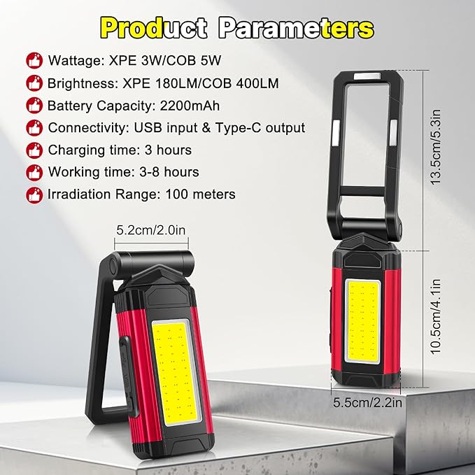 Rechargeable LED Work Light Magnetic Flashlight Portable 7 Flashlight Mode With Magnetizable Base Rotatable Stand 360° Infinitely Rotatable Type-C Charging for Camping,Car Reparing,Emergency Pack of 2
