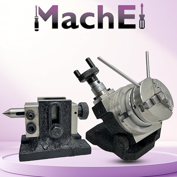 MachEl 3" Tilting Rotary Table with 65mm Self-Centering 3-Jaw Chuck, Back Plate, T-Nuts, Bolts & Tailstock - Precision Milling & Engineering Tool