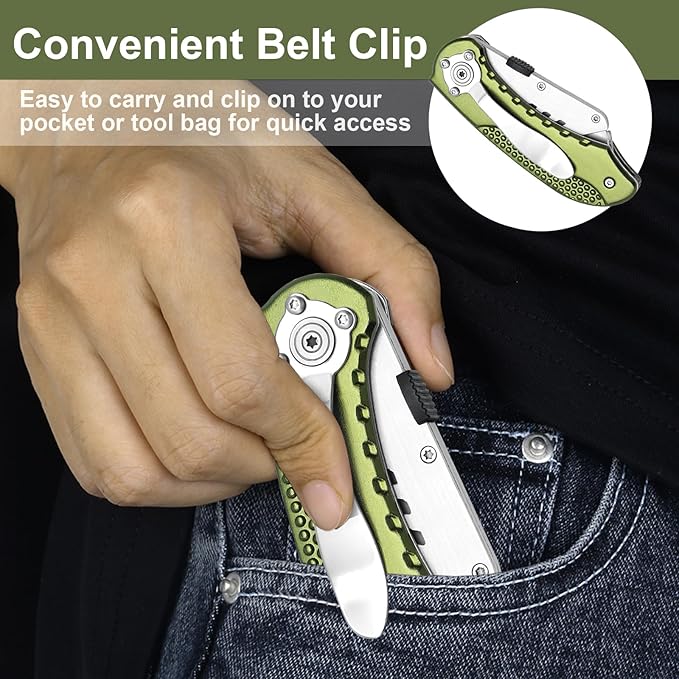 Vickay Folding Utility Knife, Box Cutter with 5 SK5 Quick Change Blades, Safety Axis Lock Design Razor Knife, Lightweight Aluminum Handle Belt Clip for Office Home Artcraft (Olive Green)