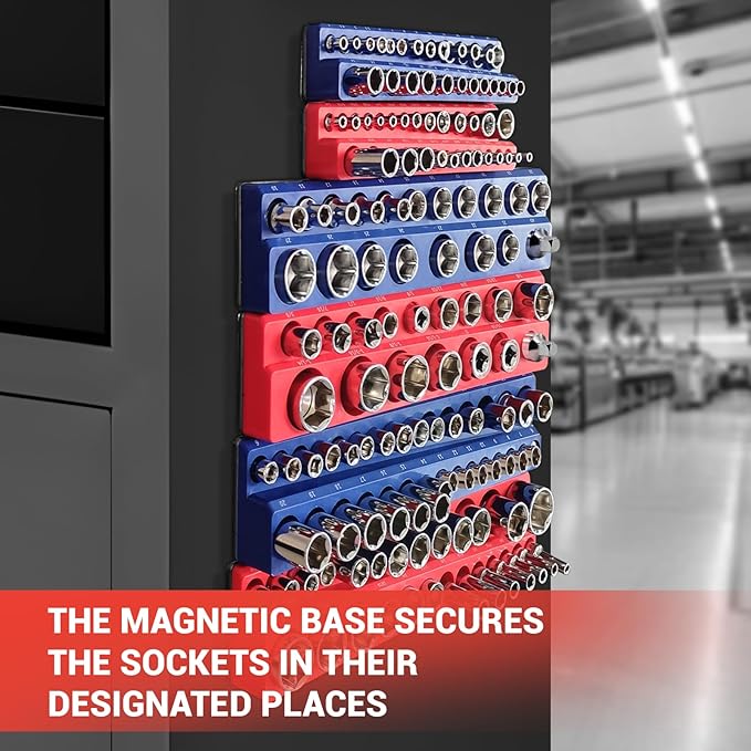 6-Piece Magnetic Socket Organizer Set, Magnetic Socket Holder Includes 1/4", 3/8", 1/2" Drive Metric SAE Socket Trays, Holds 143 Pieces Standard and Deep Sockets(Socket not Included)
