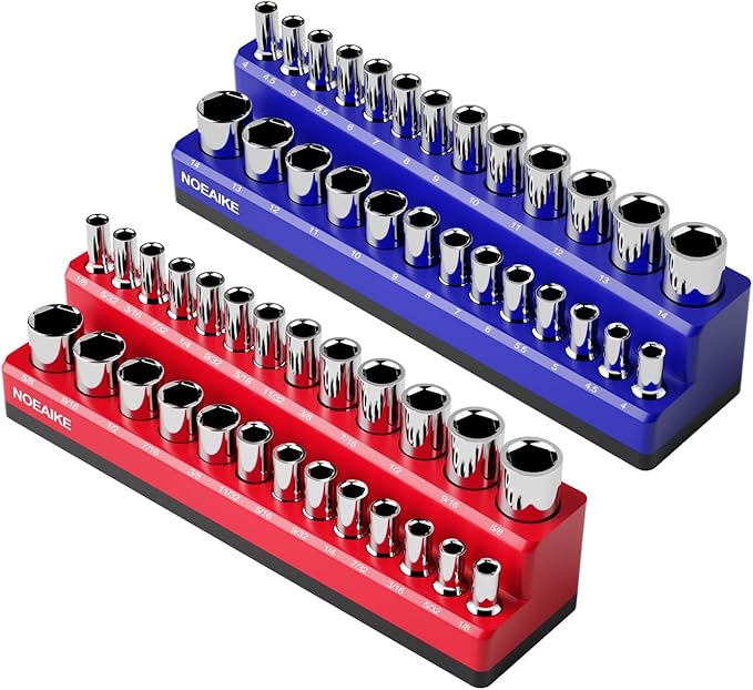 1/4 Inch Magnetic Socket Organizer, NOEAIKE 2-Pack Metric &SAE Socket Holder Set 1/4" Drive Socket Trays, Holds 52 Pcs Standard and Deep Size Sockets(Socket not Included)