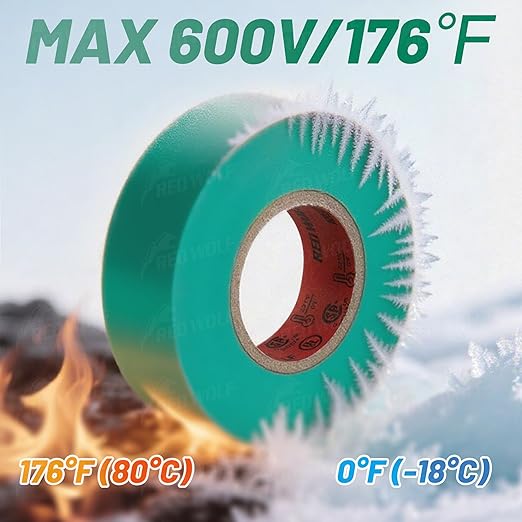 RED WOLF 10 Pack Green Electrical Tape 3/4 Inch x 66 Ft Industrial Grade UL/CSA Listed 7 Mil Thick Flame Retardant High Temp Waterproof Electrical PVC Tape Electric Super Vinyl Rated 600V