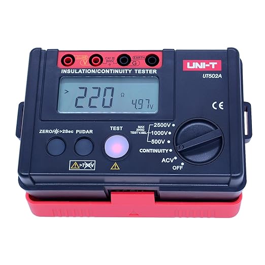 UNI-T 2500V Insulation Megger Tester Megohmmeter, Ground Resistance Tester Meter 0 Megohm to 20GΩ with AC 500V/1000V Testing Voltage & LCD Display Backlight(UT502A)