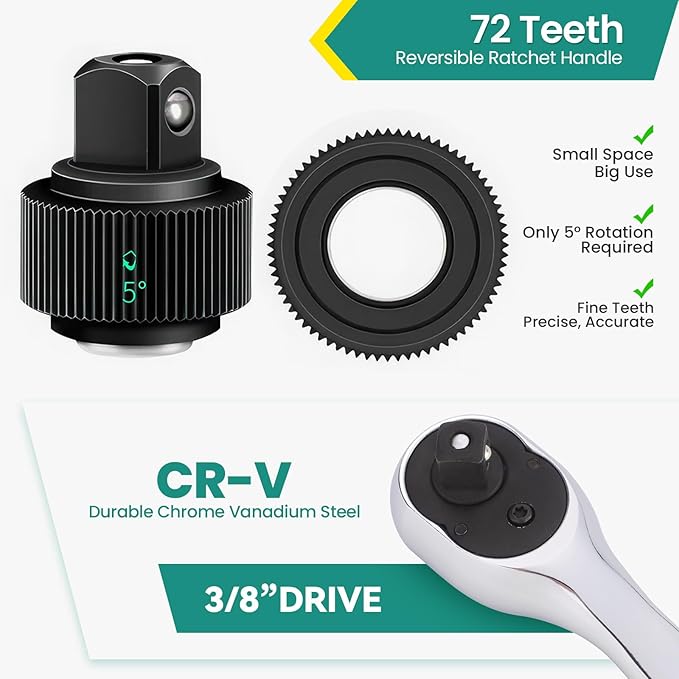 3/8 Inch Drive Ratchet, 72-Tooth Reversible, Quick Release Ratchet Wrench, w/ 10pcs Metric Sockets (8mm-21mm) and Extension Bar, CR-V Steel