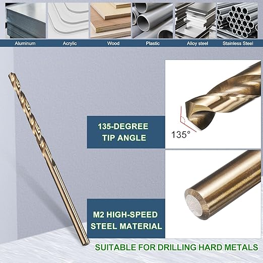 METALLIXITY Drill Bit (#50) 12Pcs, M2 High-Speed Steel Micro Number Bits Spiral Flute 135°Point Tip Gold Finish for Stainless Steel Iron Copper Aluminum Hard Metal