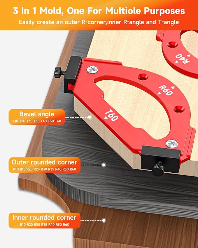TANYO 7pcs Router Corner Radius Template Router Radius Jig, Aluminum Alloy 3 in 1 Radius Jig Router Templates, R10 R15 R20 R25 R30 R35 R40 R50 R60 T10 T20 T30 T35 T40 T50 T60 Use with Router Table