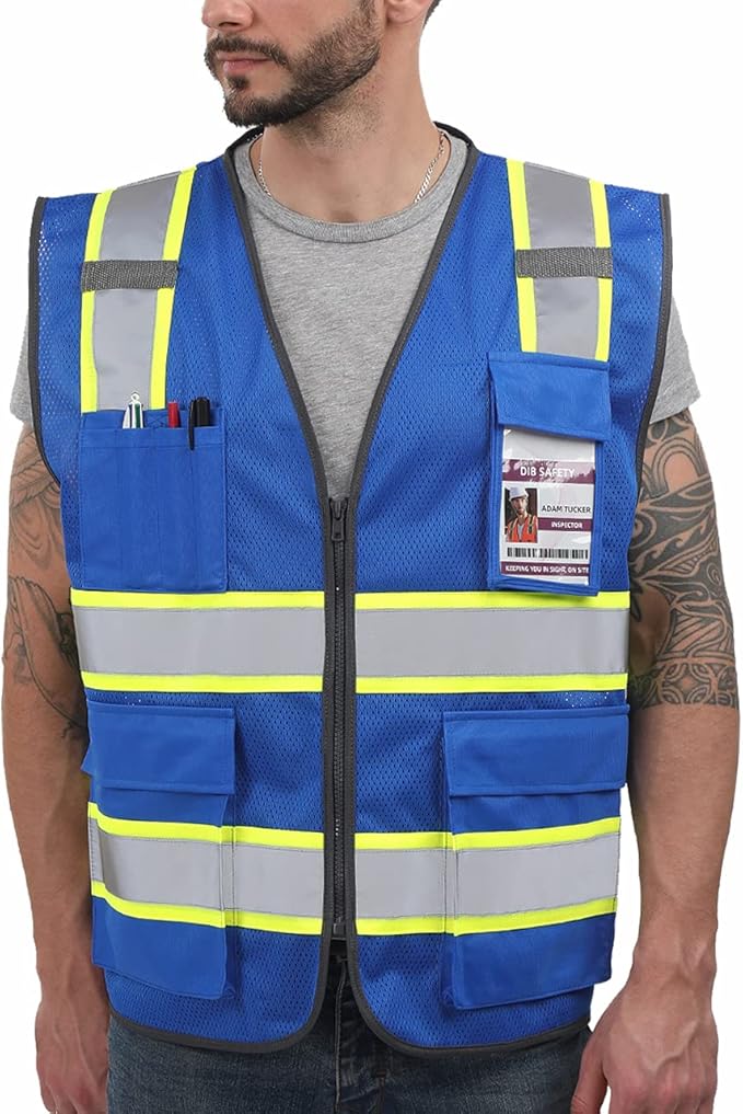 Dib Safety Reflective Mesh Vest High Visibility Two Tone with Pockets and Zipper, Blue Mesh with Yellow Trim 4X