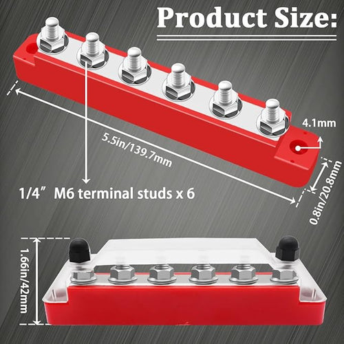 (Red+Black) Power Distribution Terminal Block with Cover with 6 x 1/4” (M6) Post,Battery 12V Bus Bar with Ring Terminals for Car Boat Marine