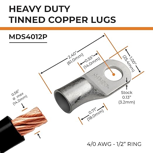 SELTERM 25pcs 4/0 AWG -1/2" Stud Tinned Copper Wire Lugs,Heavy Duty Battery Cable Ends,0000 Gauge Ring Terminals, UL Battery Lugs Marine Grade Copper Eyelets Electrical Battery Terminal Connectors