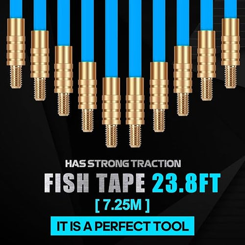 23.8FT Fiberglass Running Electrical Wire Cable Glow Rods Wire Pulling, Fish Rods Electrical Kit with 6 Different Attachments and Fish Tape Wire Puller Kit (23, Blue)