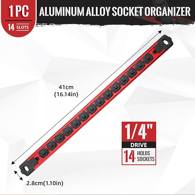Magnetic Socket Organizer, 1-Piece Heavty Duty Aluminum Socket Holder, Socket Rail for Tool Box, Premium Quality 360° Swivel Socket Rack with 14 Clips for 1/4-Inch(Red)