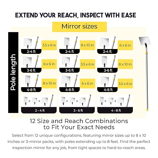 Inspection Mirror Telescoping Pole, Lightweight & Durable, 3 ft - 6 ft Pole, 3.5 x 6 inch Acrylic Mirror