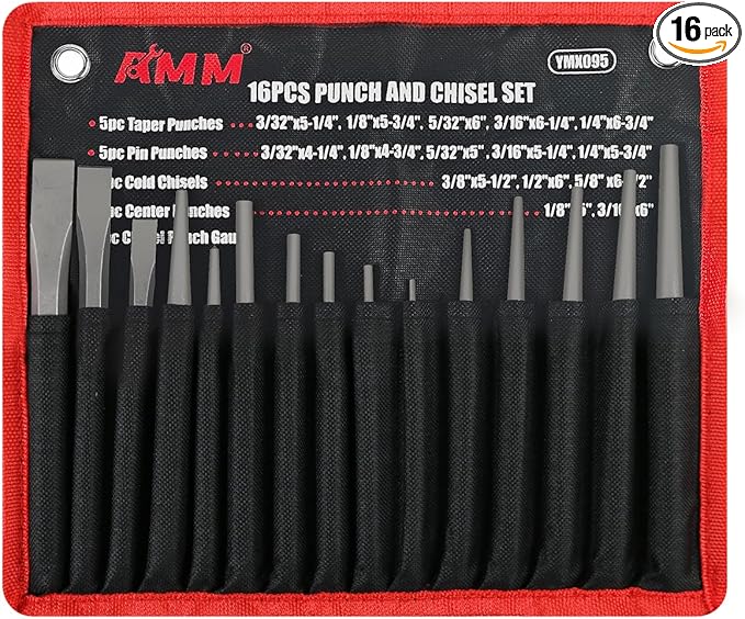 AMM 16PCS Punch and Chisel Set, including Taper Punch, Cold Chisels, Pin Punch and Center Punch, Cr-V for Working with Wood, Metal, Automotive