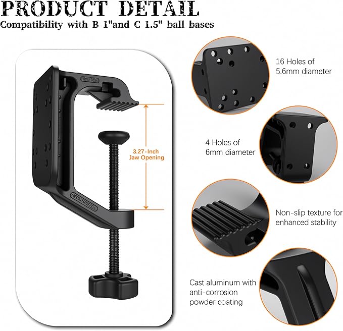 Heavy Duty C-Clamp Mount Compatible with RAM Systems 1" and 1.5" Size Round Ball Bases,Aluminum C Clamp Kayak Mount,3.27-Inch Jaw Opening