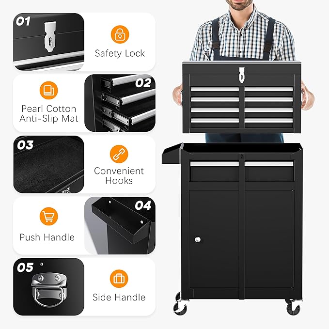 INTERGREAT Black Tool Chest, 5-Drawer Rolling Tool Storage Cabinet with Detachable Top Tool Box, Tool Chest with Universal Lockable Wheels, Metal Tool Cart for, Workshop, Barbershop