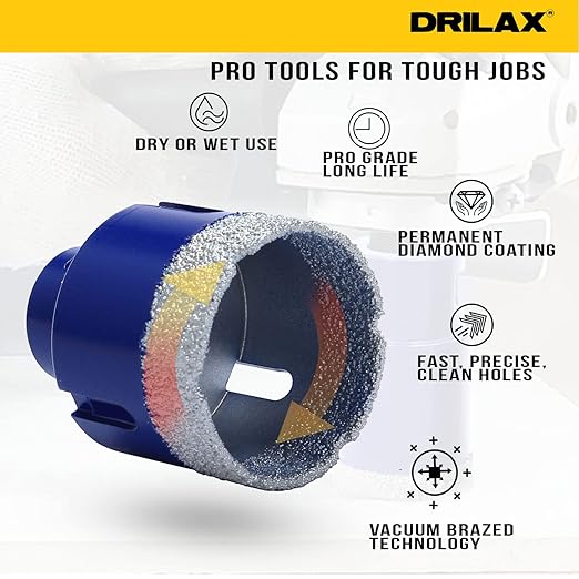 Drilax Pro Series 2 Inch Diamond Hole Saw for Angle Grinders | 1-3/8" Depth | 5/8"-11 Thread | Fast & Dry Drilling for Large Conduit, Pipes, Access Holes | Long Life