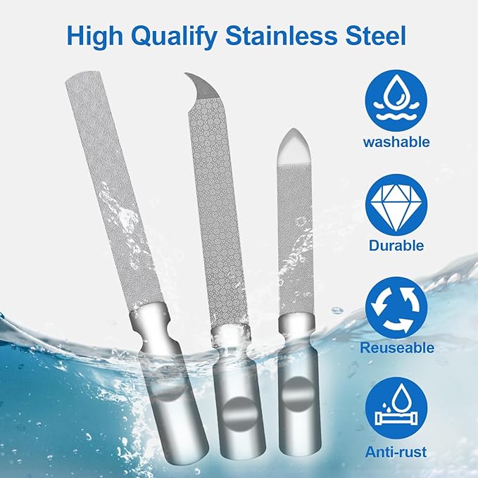 Stainless Steel Nail File (3 Pack) for Natural Nails, Metal Nail Files with Sharp Pointed Tip Fingernail File Sheath Case Double Sided Reusable Flat File Manicure Tool Home Salon Travel Use Men Women