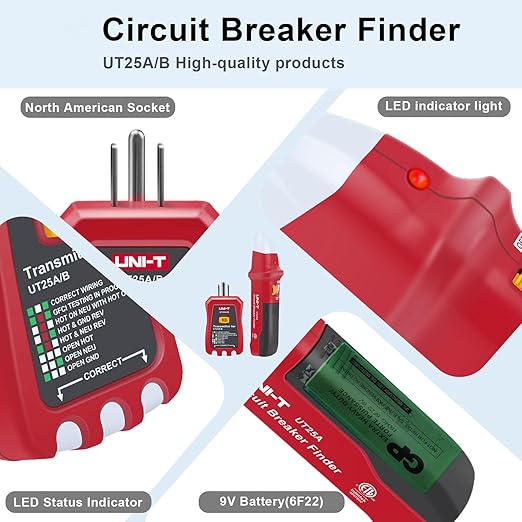 UNI-T AC Circuit Breaker Finder and Tracer Tool Kit with Electrical Integrated GFCI Outlet Tester, AC 90-120V USA Plug + Adjustable Sensitivity Beeper Indicattion+ Flashing LED Light - UT25A