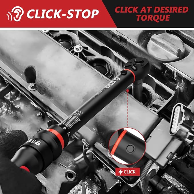 Torque Wrench 3/8-Inch Drive, 10-100 Ft-Lb/13.6-135.5Nm Click Adjustment Torque Wrench with 3/8" to 1/2" Adapter, 125mm Extension Bar Motorcycle, Car & Small Machinery Maintenance