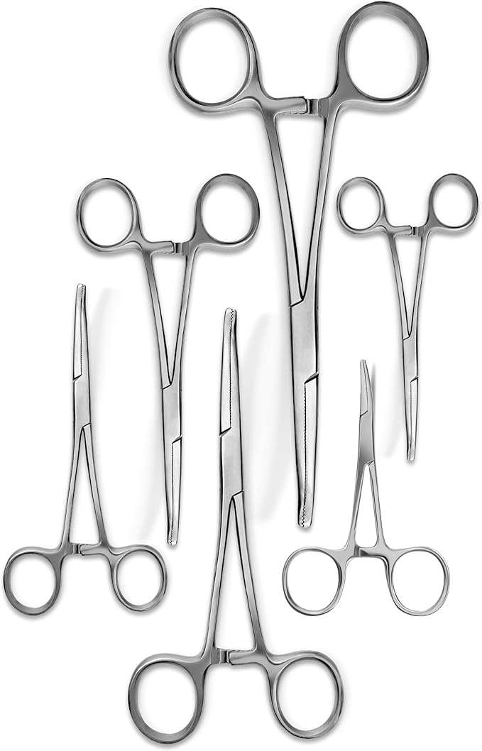 Hemostats ROCHESTER PEAN Forceps Locking Pliers Clamps Tongs Full Serrated Stainless Steel set (Curved 5,6.25,7.25, 8,10,12 Inches 6 pcs Set)