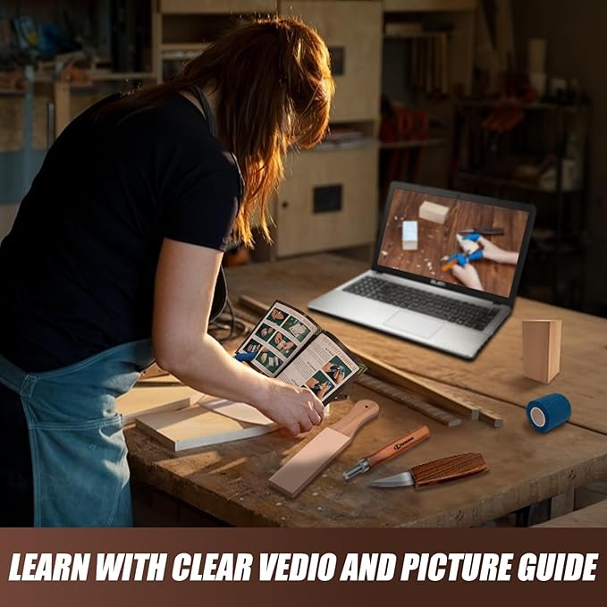 Wood Carving Kit, All-in-1 Wood Carving Tools with Vedio Tutorials & Template, Whittling Kit with Leather Storage Bag for Beginners and Enthusiasts