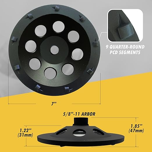 7" PCD Grinding Wheel for Epoxy, Glue, Mastic and Paint, 9 PCD Segments, 5/8"-11 Threaded Arbor