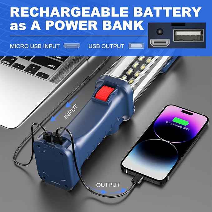 WARSUN LED Work Light Rechargeable, Portable Mechanic Trouble Light with1200 Lumens, COB worklight Magnetic Base, Cordless Floodlight for Car Repair, Camping, Hiking, 30w