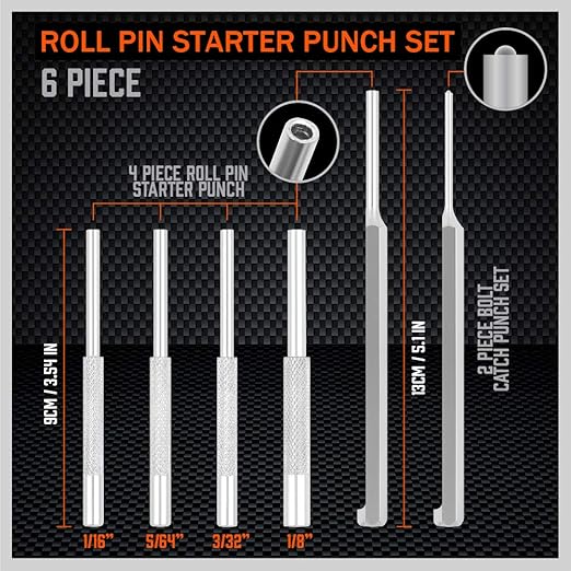 Premium 7-Piece Roll Pin Starter Punch and Bolt Catch Install Punch Set - 1/16, 5/64, 3/32, 1/8-inch
