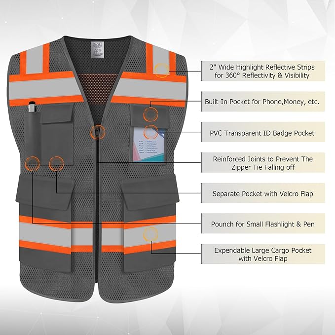 TCCFCCT High Visibility Vest 5 Pockets Mesh Reflective Safety Vest with Zipper, Hi Vis Construction Work Vest for Men Women, with Fluorescent Orange Edge, Durable to Use, Meets ANSI/ISEA, DW-Grey, M