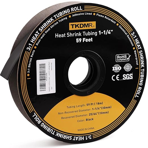 TKDMR 59 Ft 1-1/4" Heat Shrink Tubing - 3:1 Ratio Marine Grade Heat Shrink,Wire Cable Adhesive Lined Tube Insulation Seal Against Moisture Corrosion and Air Leakage.Black