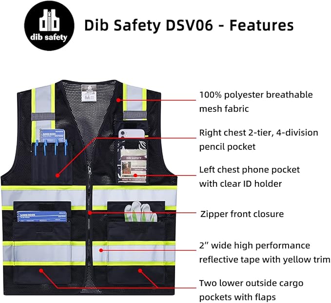 Dib Safety Reflective Mesh Vest High Visibility Two Tone with Pockets and Zipper, Black Mesh with Yellow Trim 4X