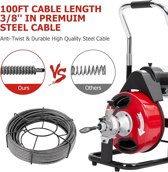 100Ft 3/8 Inch Electric Drain Cleaner Machine Auto Feed Drain Auger for 1 to 4 Inch Pipes Professional Sewer Snake with 4 Cutters Gloves Heavy Duty Clog Remover