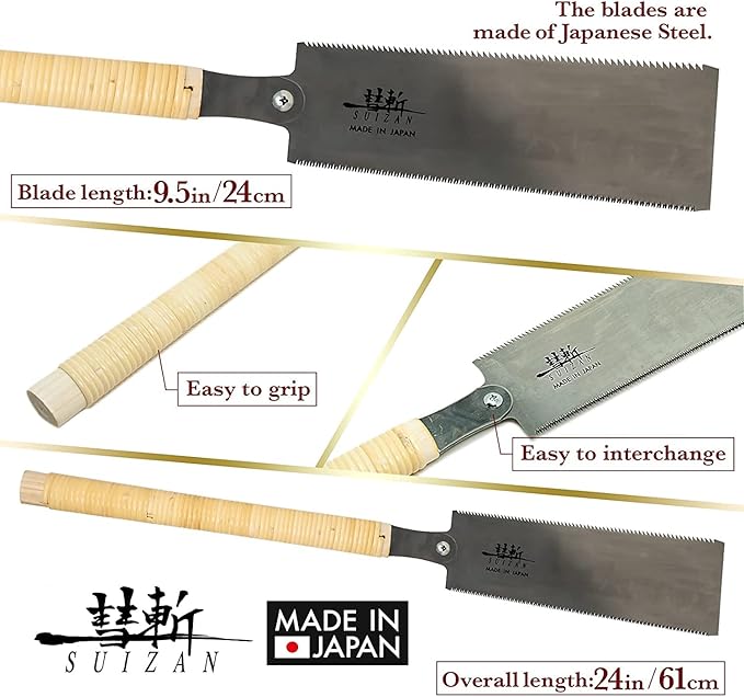 SUIZAN Ryoba Double Edge Saw 9.5" - Professional Japanese Pullsaw Handsaw Woodworking Tools