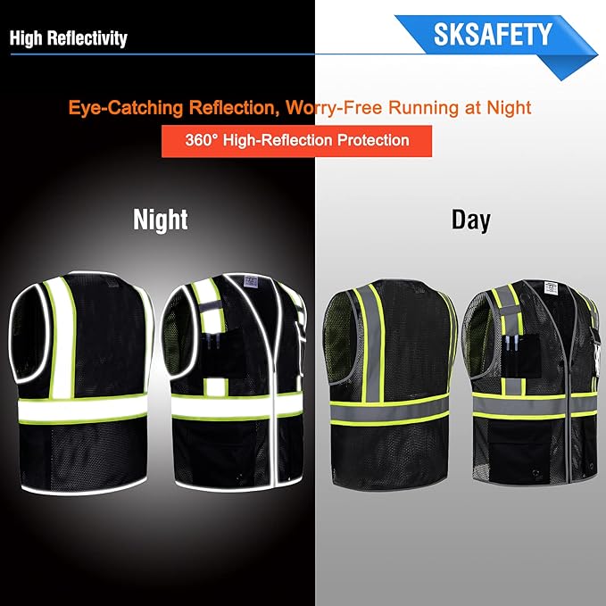 SKSAFETY 10 Pockets Safety Vest, Class 2 High Visibility Security with Zipper Double-sided mesh, Hi Vis Vest with Reflective Strips, ANSI/ISEA Standard, Construction Work Vest （Black, M）