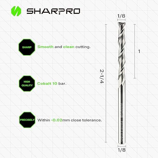 Spiral Upcut Router Bit Set 1/8 Inch Shank 1/8 Inch Cutting Dia. 1'' CL. Extra Long 2-1/4'' OVL. Carbide Upcut CNC Router Bit, Ideal for Wood Engraving and Plunging Applications