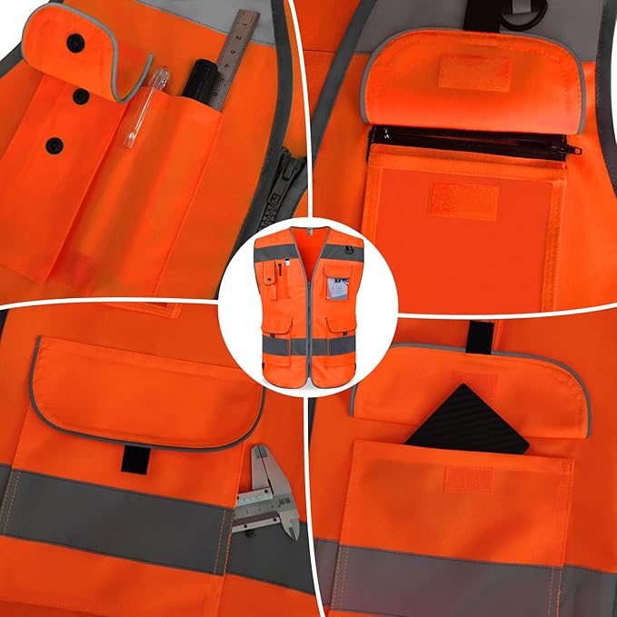 TCCFCCT Reflective Safety Vest 9 Pockets High Visibility Vest for Men Women, Hi Vis Construction Work Vest with Reinforced Sewing, Durable to Use, Meets ANSI/ISEA Standards, (Orange, 5X-Large)