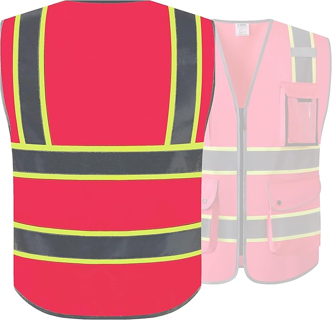 JKSafety 9 Pockets High Visibility Zipper Front Safety Vest | Pink with Dual Tone High Reflective Strips | Meets ANSI/ISEA Standards (901-Pink, Medium)