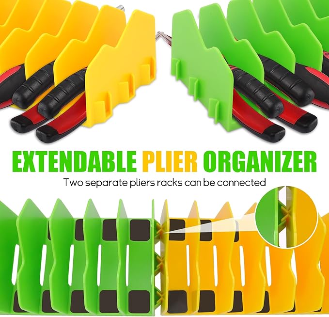 4 Pack Plier Organizer Rack, Pliers Organizer for Tools Cutters with Extendable Design & Non-Slip Rubber Base, 40 Slots Tool Box Drawer for Pliers, Wrenches, Screwdrivers,Green&Yellow