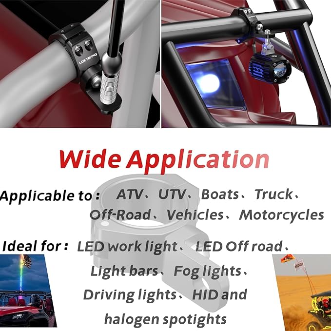 Thicken UTV LED Light Bar Mounts 2PCS, Heavy Duty CNC Aluminum 360° Adjustable Whip Light Mount Light bar Mounting Bracket, Fit 1.5''/1.75''/1.85''/2''/2.1'' Roll Cage