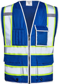 SKSAFETY 10 Pockets Safety Vest, Class 2 High Visibility Security with Zipper, Hi Vis Vest with Reflective Strips, ANSI/ISEA Standard, Construction Work Vest for Men ＆ Women （Blue, 3XL）