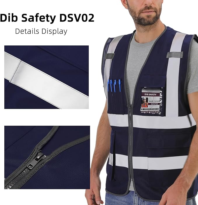 Dib Safety Reflective Vest High Visibility with Pockets and Zipper, Navy L